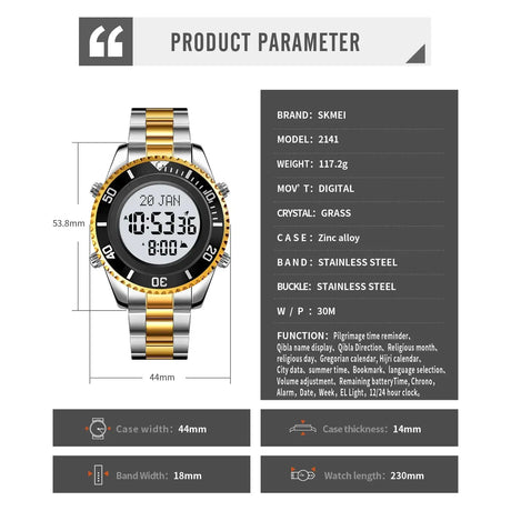 SKMEI 2141 Stainless Steel Digital Watche Muslim Azan Prayer Compass Clock Adhan Alarm Hijri Islamic Wristwatch with Back Light - Lootquake
