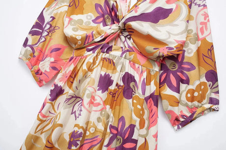 TRAFZA Vintage Flower Print Long Dress Women V Neck Short Sleeve Hollow Out Sexy Beach Dress Fashion 2024 Summer Holiday Dress - Lootquake
