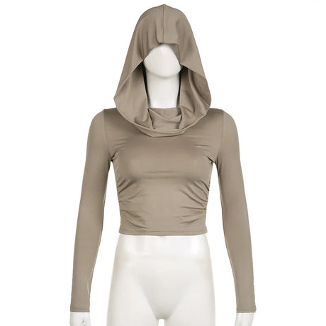 Women's Hooded Crop Tops Autumn Solid Color Long Sleeve Cowl Neck Slim Fit Short T-Shirt Streetwear Sporty Basics Tees - Lootquake