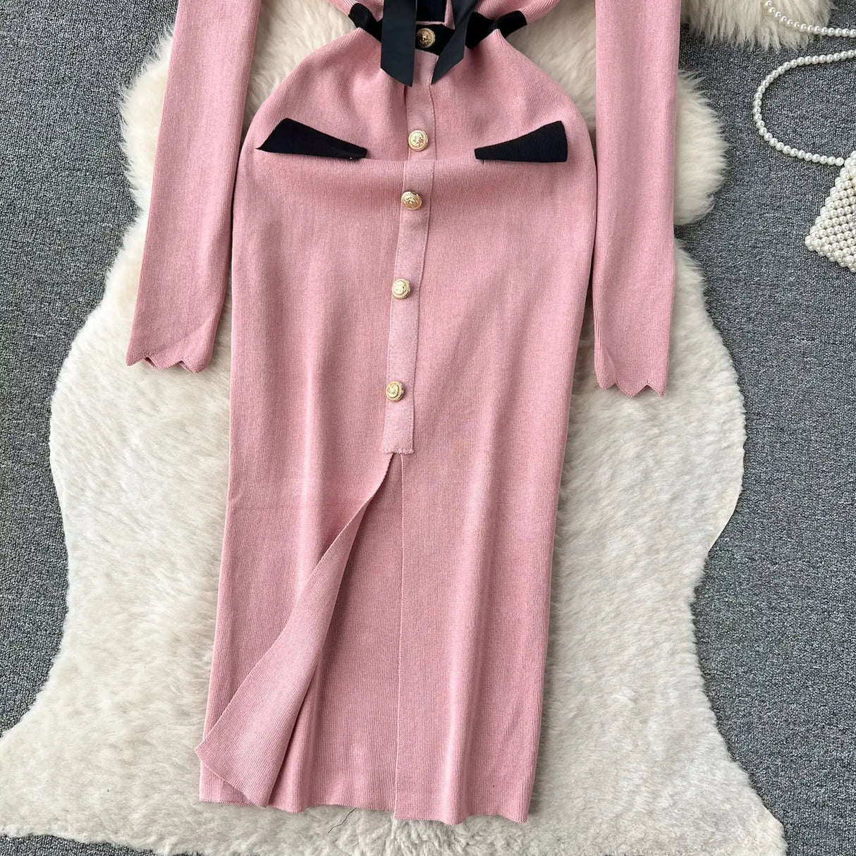 SINGREINY Office Lady Sweater Long Dress 2023 Bow Single Breasted Elastic Split Women Autumn Dress Fashion Senior Knitted Dress