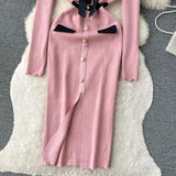 SINGREINY Office Lady Sweater Long Dress 2023 Bow Single Breasted Elastic Split Women Autumn Dress Fashion Senior Knitted Dress