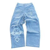 Women's Skeleton Embroidery Jeans, Men's Casual Street Style Loose Fit Jeans,Hip Hop Y2K New Straight Cargo Pants Streetwear - Lootquake