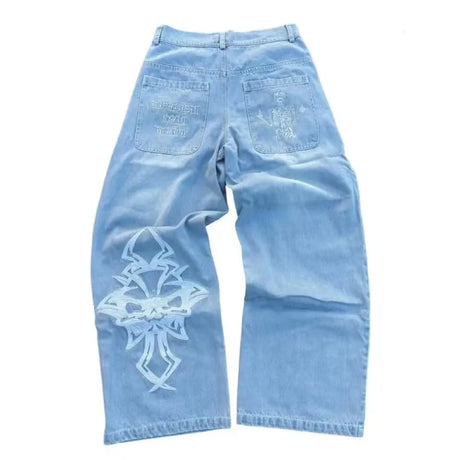 Women's Skeleton Embroidery Jeans, Men's Casual Street Style Loose Fit Jeans,Hip Hop Y2K New Straight Cargo Pants Streetwear - Lootquake