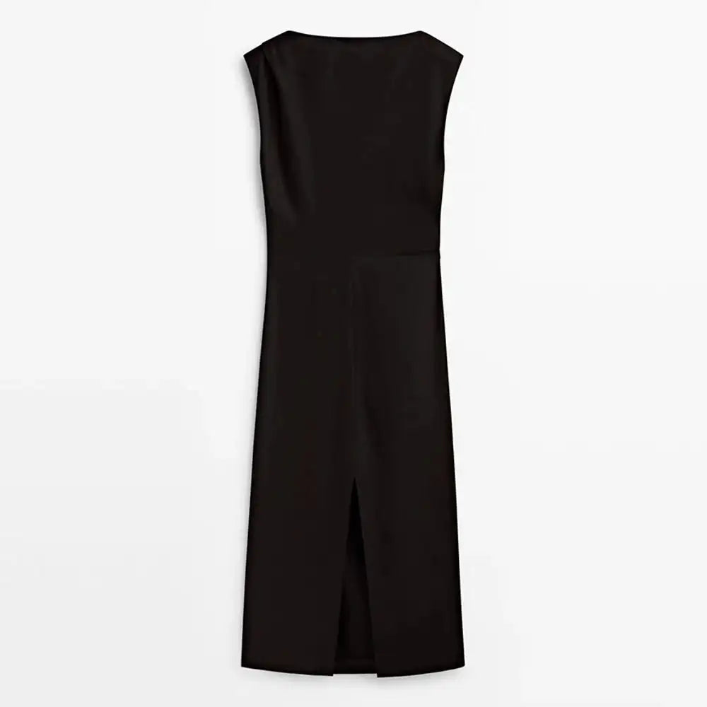 TRAF Women's Long Sleeveless Dress Black Fashion Linen Blend Shrinking Pleated Long Dress Temperament Elegant Women's Clothing - Lootquake