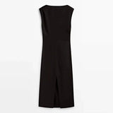 TRAF Women's Long Sleeveless Dress Black Fashion Linen Blend Shrinking Pleated Long Dress Temperament Elegant Women's Clothing - Lootquake