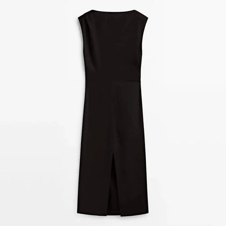 TRAF Women's Long Sleeveless Dress Black Fashion Linen Blend Shrinking Pleated Long Dress Temperament Elegant Women's Clothing - Lootquake