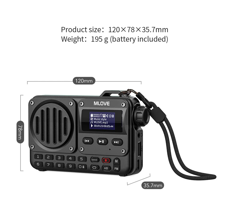 Enceinte Bluetooth ultra-portable MLOVE BV800 avec radio FM, écran LCD, antenne, entrée AUX, clé USB, carte TF, lecteur MP3