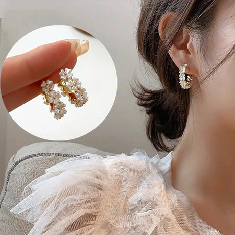 Kiss Jewelry Cute Sweet Flower Round Shape Pearl Rhinestone Stud Earrings for Women Tulip Floral Korean Fashion Earring Gift - Lootquake
