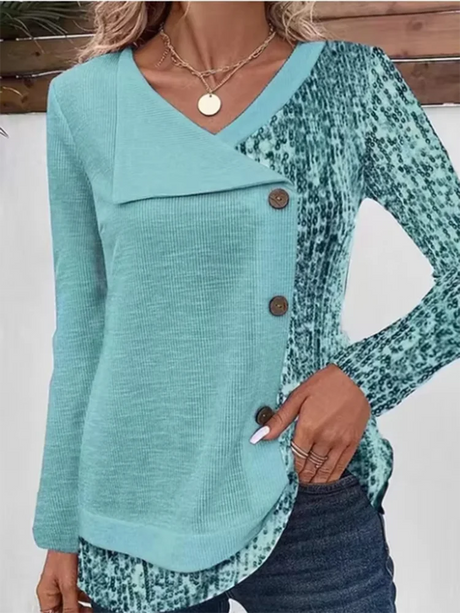 4 Color Blocked Button Long Sleeved Blouse Irregular Collar Women's Casual T-shirt Street Fashion Daily Autumn Top - Lootquake