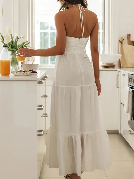 Women Low Cut Backless Maxi Dresses Elegant Spaghetti Strap Tiered Long Dress Relax Fit Open Back Cutout Flowy Sundress - Lootquake