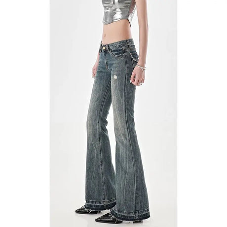 American High Street Spicy Girls Low Waist Jeans Women Autumn Vintage Y2k Design Sense Slim Fit Straight Tube Micro Flare Pants - Lootquake