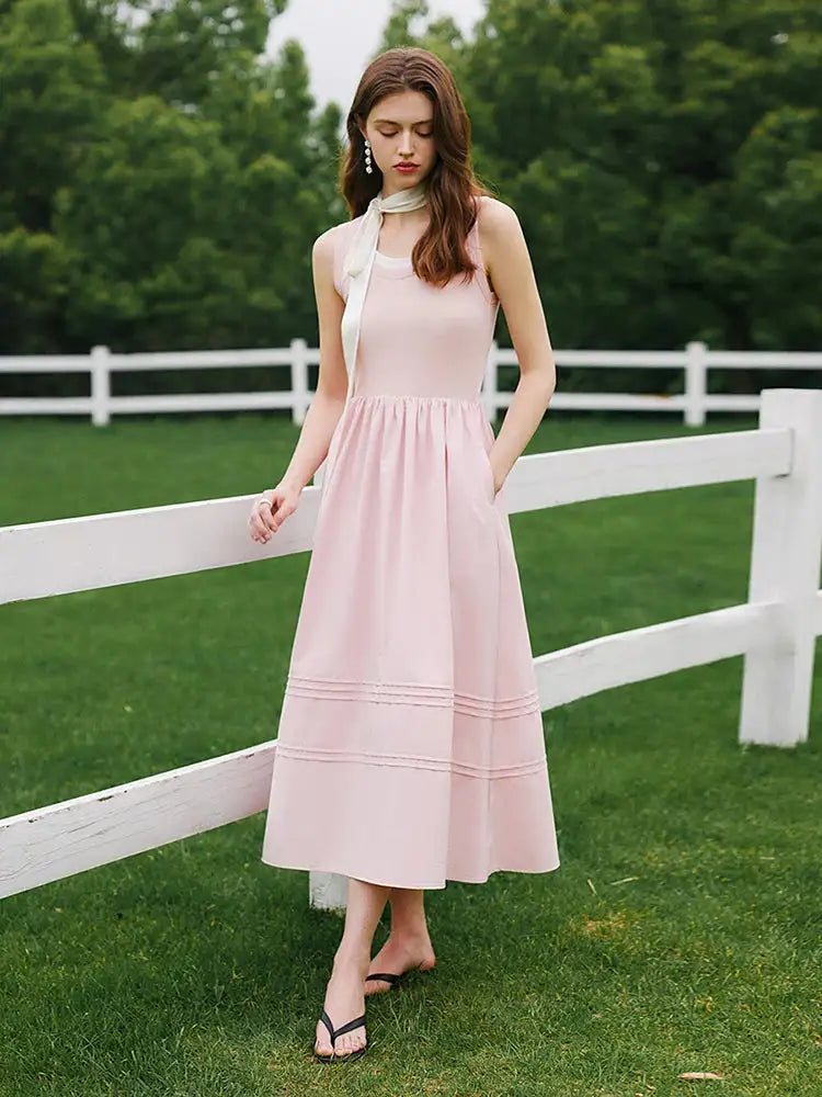 FSLE Classic Cleanfit Elegant Fake Two-pieces Vest Summer Women Long Dress 2024 New Versatile Casual A-Line Dress 24FS12982 - Lootquake