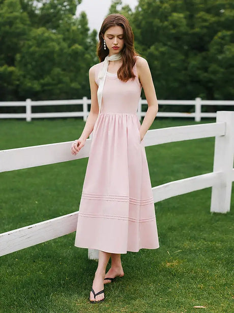 FSLE Classic Cleanfit Elegant Fake Two-pieces Vest Summer Women Long Dress 2024 New Versatile Casual A-Line Dress 24FS12982 - Lootquake