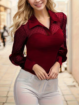 Mesh Splicing Collared Blouse, Elegant Long Sleeve Slim Top For Spring & Fall, Women's Clothing - Lootquake
