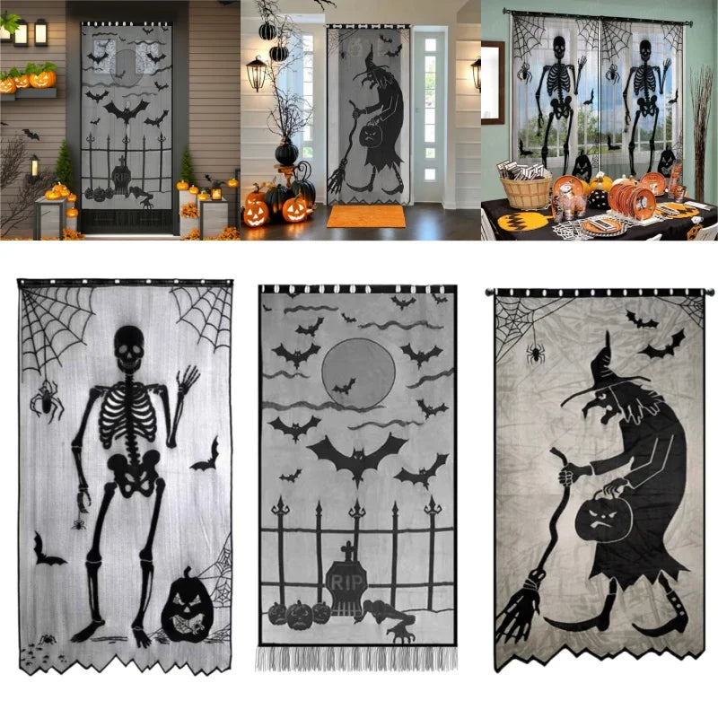 Halloween Window Decorations Halloween Door Curtain Skeleton & Bat Black Lace Panel for Haunted House Decor
