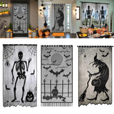 Halloween Window Decorations Halloween Door Curtain Skeleton & Bat Black Lace Panel for Haunted House Decor