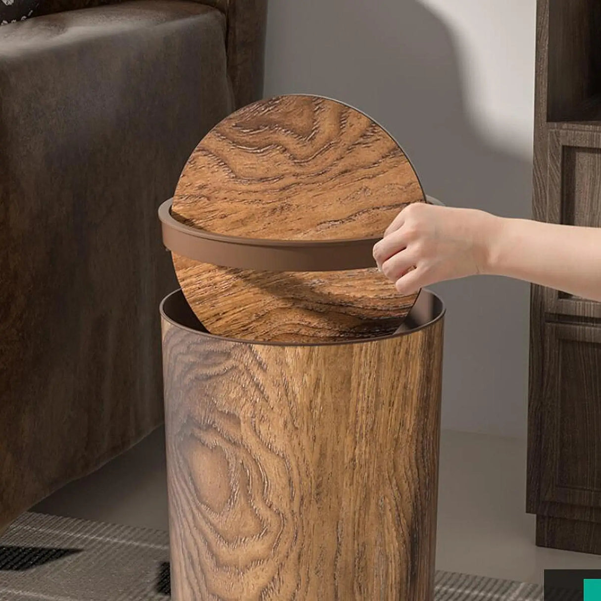Papelera redonda multiusos con imitación de madera, con tapa creativa y tapa agitable para oficina, hogar y dormitorio.
