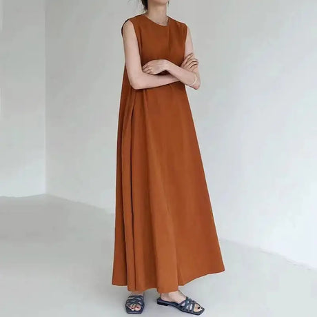 2022 Minimalist Chic Loose Swing Sleeveless Mid-length Casual Cotton Linen Long Dress  Round Neck High Waist Women Runway Dress - Lootquake