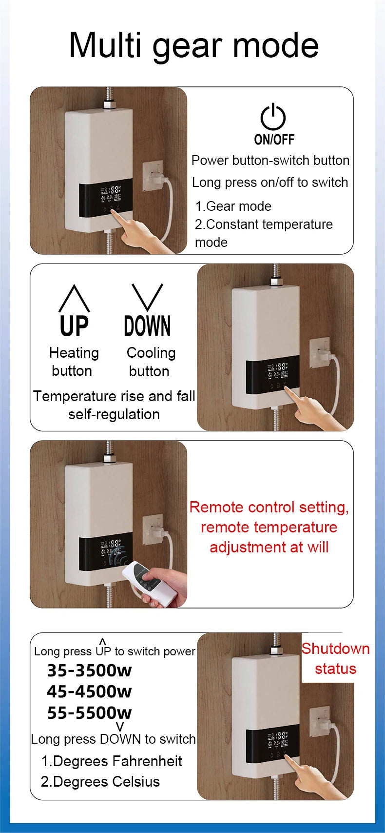 Calentador de agua eléctrico instantáneo sin tanque, control remoto, grifo de cocina, grifo de baño, ducha, ajuste de temperatura