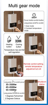 Calentador de agua eléctrico instantáneo sin tanque, control remoto, grifo de cocina, grifo de baño, ducha, ajuste de temperatura
