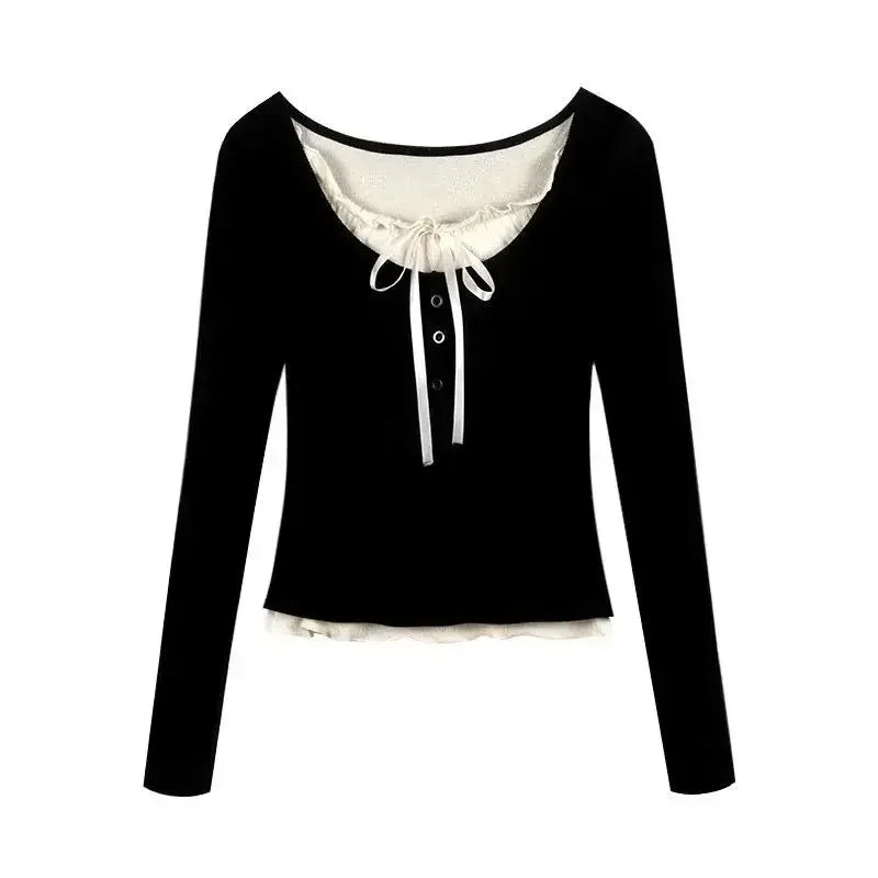 2024 Summer Kawaii Sweet Y2k Crop Tops Woman Casual Slim Long Sleeve Blouse Solid Korean Fashion Bodycon Pullover Office Lady - Lootquake