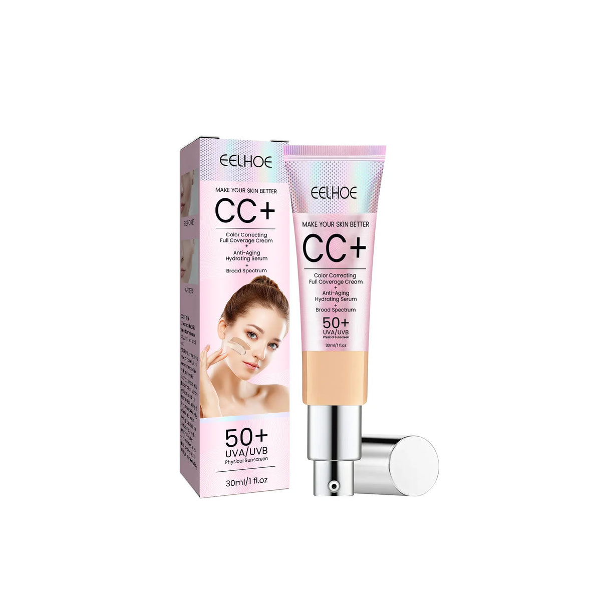 Crema de base CC, hidratante natural, resistente al agua, iluminadora, corrector, cobertura, control de grasa y manchas, maquillaje duradero.