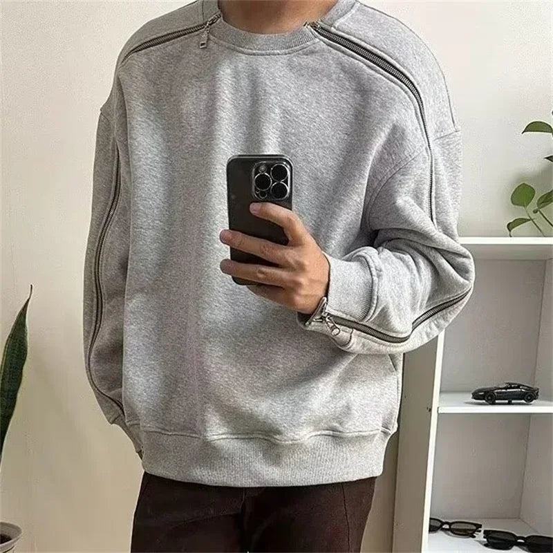 Autumn Zipper Design O-neck Sweatshirts Men's New Y2K Vintage Streetwear Gray Pullover Hoodies Loose Hip Hop Fashion Sweat-shirt - Lootquake