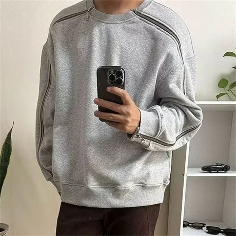 Autumn Zipper Design O-neck Sweatshirts Men's New Y2K Vintage Streetwear Gray Pullover Hoodies Loose Hip Hop Fashion Sweat-shirt - Lootquake