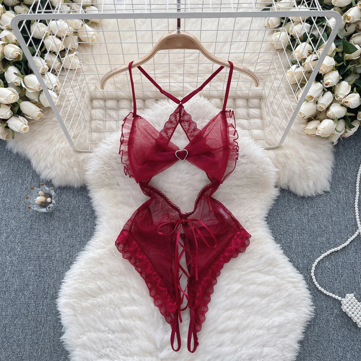 Red Christmas Sexy Lingerie Shawl Set Halter Jumpsuit Lace-up Cosplay Costume New In Women Clothes Skinny Bodysuit Suit Hotsweet - Lootquake