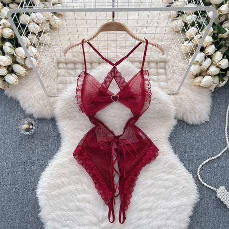 Red Christmas Sexy Lingerie Shawl Set Halter Jumpsuit Lace-up Cosplay Costume New In Women Clothes Skinny Bodysuit Suit Hotsweet - Lootquake