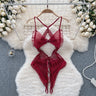 Red Christmas Sexy Lingerie Shawl Set Halter Jumpsuit Lace-up Cosplay Costume New In Women Clothes Skinny Bodysuit Suit Hotsweet - Lootquake
