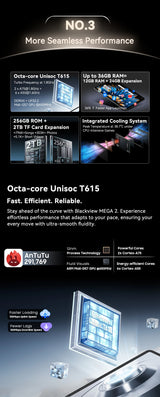 Tablettes Blackview MEGA 2 12 pouces 2K écran Widevine L1 24 Go (8 + 16) Android 15 256 Go 9000 mAh AI caméra principale Pad PC