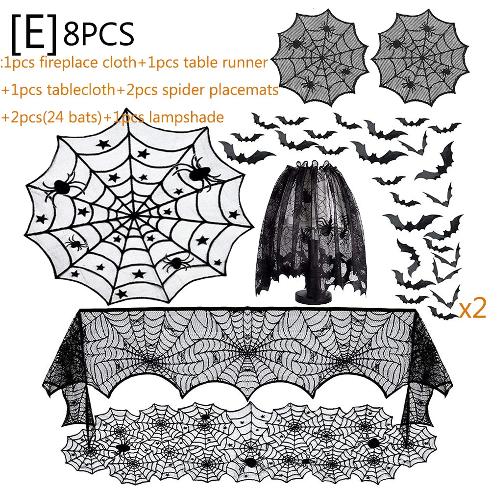 Halloween Decorations Set Spider Web Table Runner Fireplace Scarf Cover Tablecloth 3D Bats Wall Stickers Halloween Party Decor