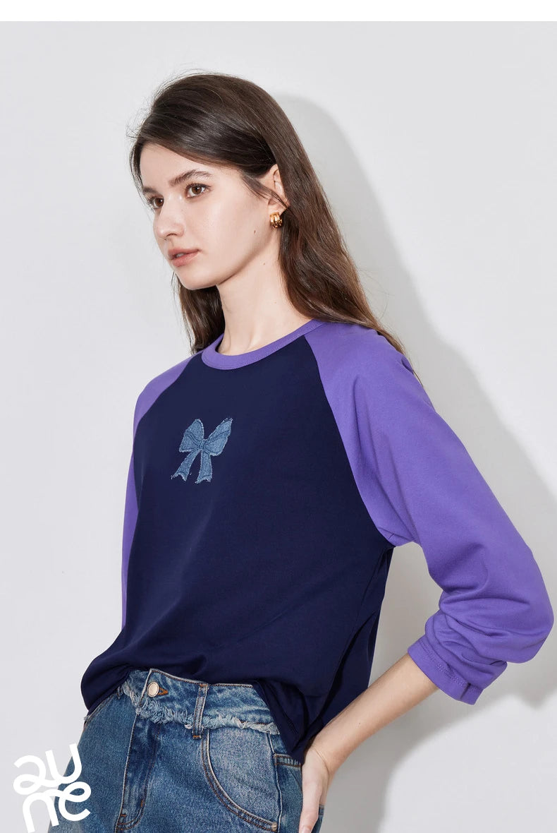 TOYOUTH Women T-shirt 2024 Autumn New Denim Bow Contrasting Color Raglan Sleeve Pullover Casual Tops