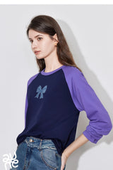 TOYOUTH Women T-shirt 2024 Autumn New Denim Bow Contrasting Color Raglan Sleeve Pullover Casual Tops