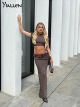 Yiallen Women Sexy 2-Piece Diagonal Collar Y2K Sleeveless Top+New Elegant High Waist Slim Skirt Autumn Winter Fashion Street Set - Lootquake