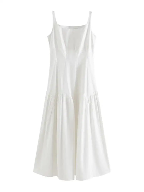 FSLE French White Suspender Long Dress 100% Cotton 2024 Summer New Loose Temperament Ankle-Length Female Dresses 24FS12048 - Lootquake