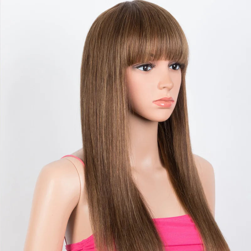 Blonde Highlight Straight Wig with Bangs | 180% Density Glueless Full Machine Made Brazilian Ombre Human Hair