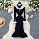 SINGREINY 2024 Hotsweet Slim Autumn Dress Women Peter pan Collar Long Sleeves Patchwork Preppy Style Mermaid Sweater Long Dress - Lootquake