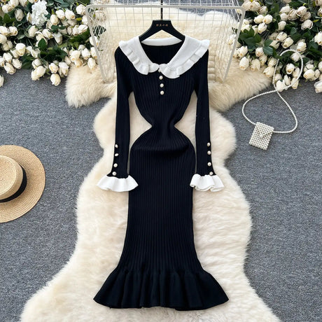 SINGREINY 2024 Hotsweet Slim Autumn Dress Women Peter pan Collar Long Sleeves Patchwork Preppy Style Mermaid Sweater Long Dress - Lootquake