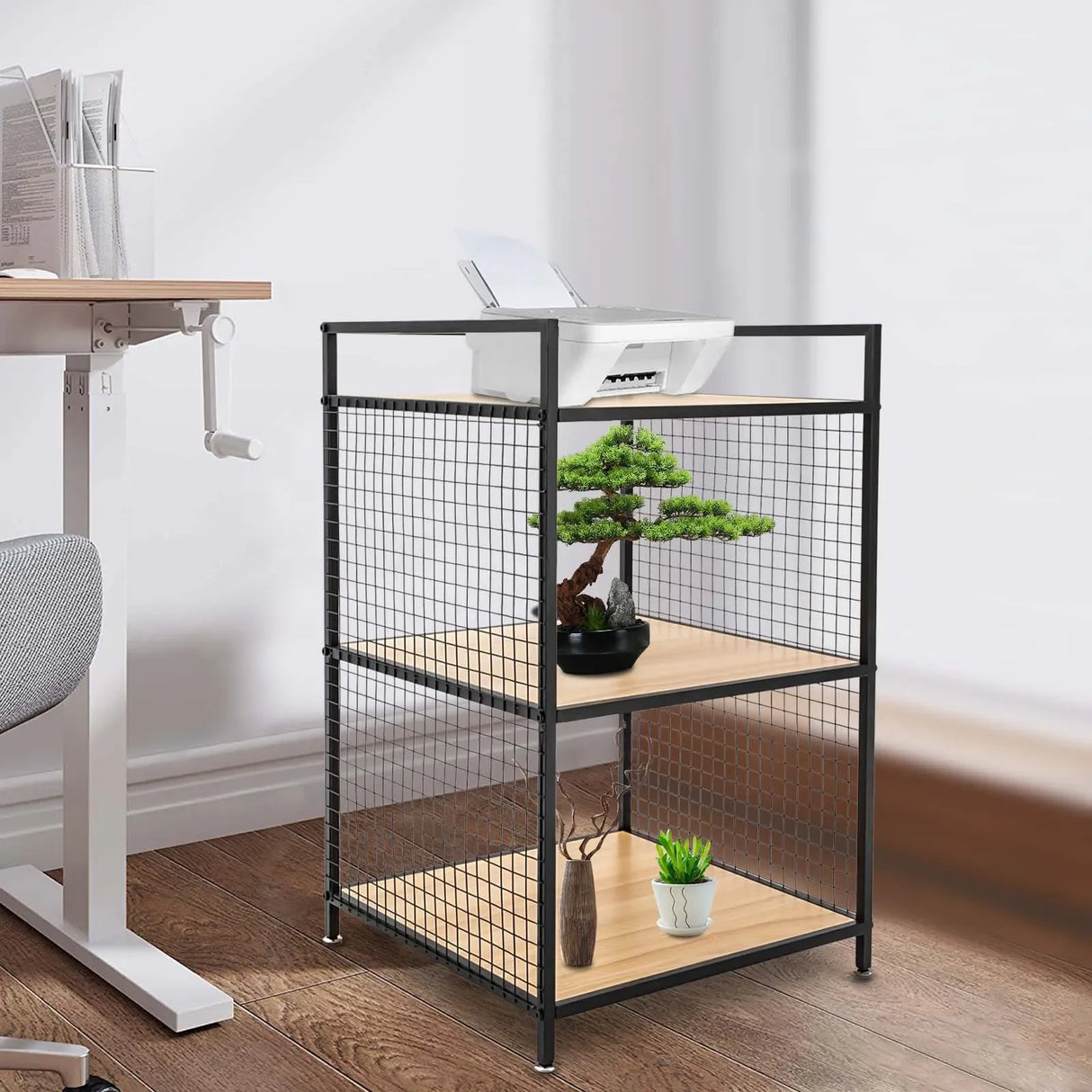 3-Tier Printer Stand Solid Wood & Iron, 44lbs Capacity, Space-Saving Design, Ideal for Office & Home Storage, Durable & Stylish