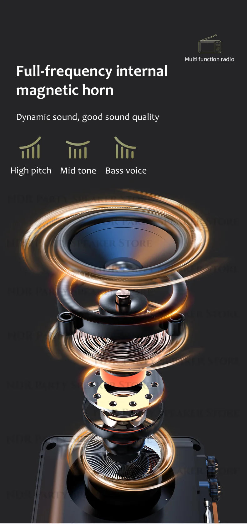 Enceintes Bluetooth sans fil SANSUI, radio pleine bande, lecteur vidéo LED HD, baladeur MP4 portable, batterie rechargeable intégrée