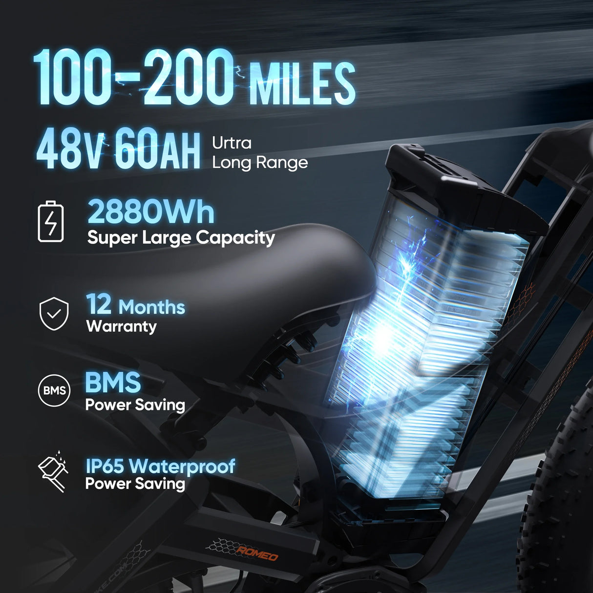 Bicicleta eléctrica Romeo con motor de 1200 W, 48 V, 60 Ah, 34 mph, velocidad máxima, 26 x 4 pulgadas, neumáticos anchos todoterreno, para acampar, para adultos.