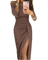 Slit Slash-neck Dress Women Sparkling Slim Long Dress Summer Korean Fashion Dinner Dress Bodycon Solid  Women Dresses Vestidos - Lootquake