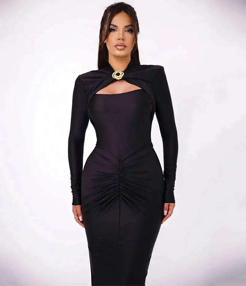 GACVGA Sexy Hollow Out Ruched Maxi Dress For Women 2024 Autumn Winter Long Sleeve Slit Slim Elegant Party Evening Long Dress - Lootquake