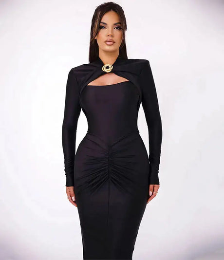 GACVGA Sexy Hollow Out Ruched Maxi Dress For Women 2024 Autumn Winter Long Sleeve Slit Slim Elegant Party Evening Long Dress - Lootquake