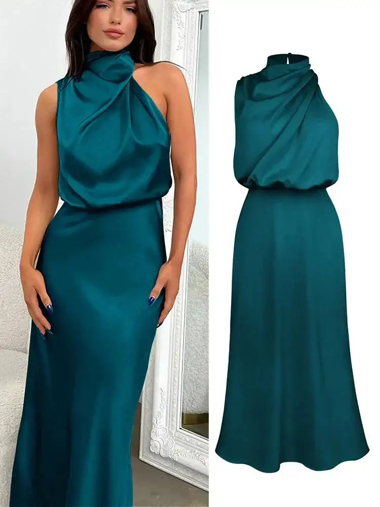 Vestido largo sin mangas de satén de seda de alta gama de verano para mujer, elegante vestido de noche para celebridades, ropa de fiesta para mujer