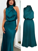 Vestido largo sin mangas de satén de seda de alta gama de verano para mujer, elegante vestido de noche para celebridades, ropa de fiesta para mujer