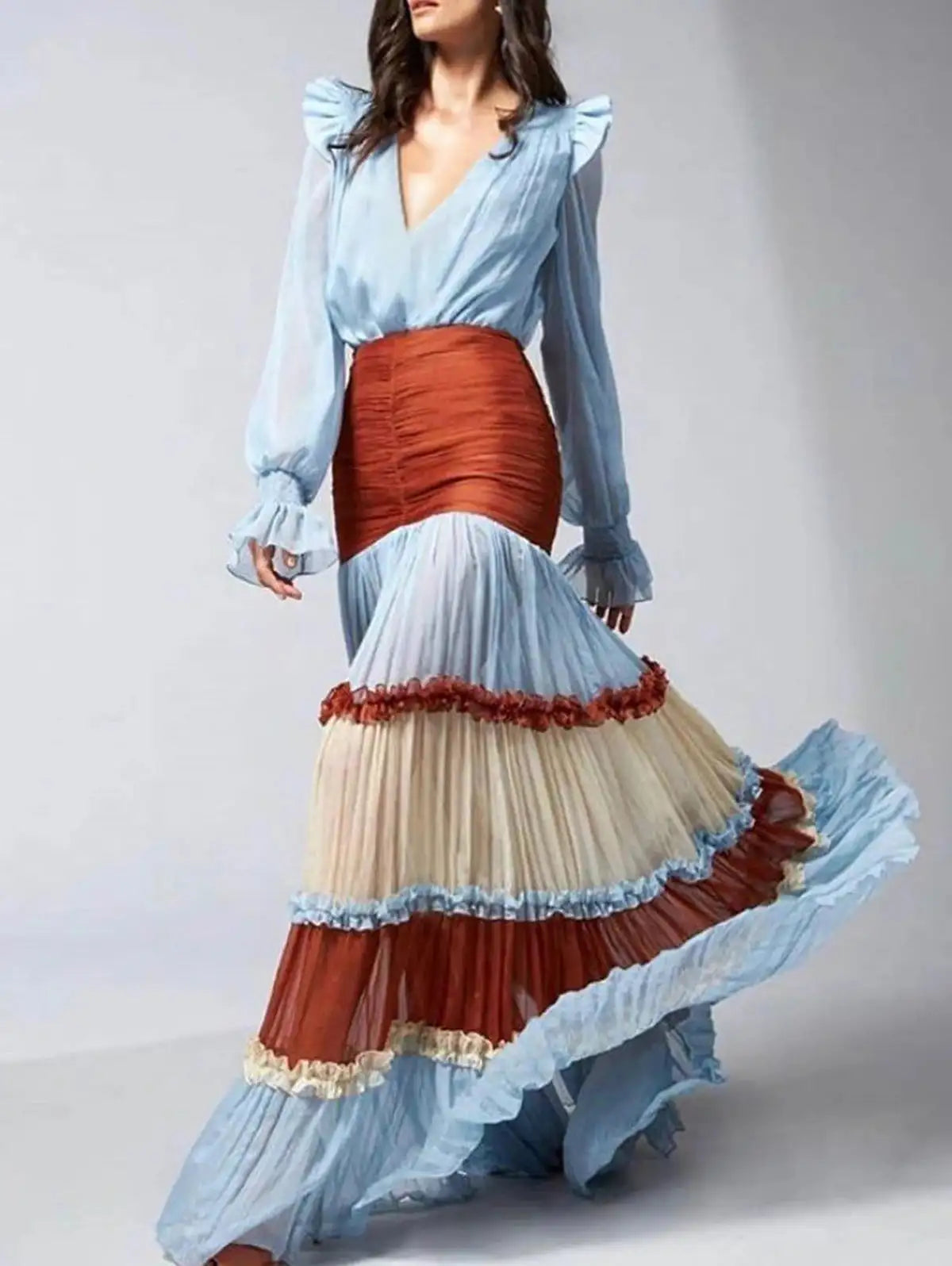 Elegant Ruffle Dress for Women Tiered A-Line Sweet Fashion Lantern Sleeve V-Neck Patchwork Layer Long Dress for Autumn 2024 - Lootquake