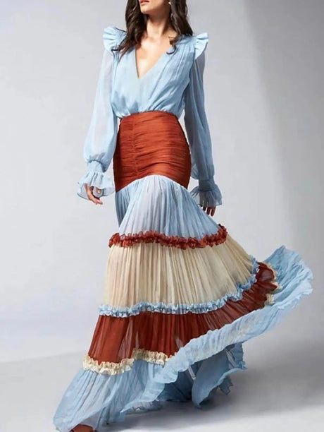 Elegant Ruffle Dress for Women Tiered A-Line Sweet Fashion Lantern Sleeve V-Neck Patchwork Layer Long Dress for Autumn 2024 - Lootquake